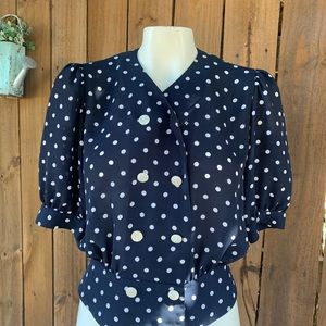 Vintage Navy Blue polka dots top size Small.